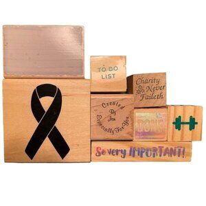 Wooden Rubber Stamp Set Of 8 Pre-Owned Ink Stamps Assorted Designs Themes W/ Rib